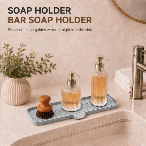 CAKETIME 2 Pack Silicone Soap Dish with Drain Spout for Bathroom Shower Caddy Kitchen Counter Bar Sponge Holder Drying Rack Sink Organizer Apartment Home Household Necessities Light Gray Large - Image 5