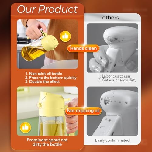 YARRAMATE 16oz/470ml Glass Olive Oil Sprayer for Cooking with Stickers, 2 in 1 Oil Dispenser for Kitchen Gadgets, Food Grade Premium Spray Bottle for Salad, Frying, BBQ (Pomelo) - Image 6