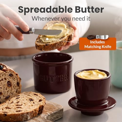 Priority Chef Butter Crock with Lid for Countertop with Spreader Knife and Water Line, Soft Spreadable Butter, Ceramic French Butter Dish with Lid, Maroon - Image 2
