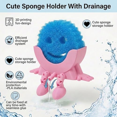 Creative Drainage Sponge Holder: Traceless Glue, 3D Printed Funny Kitchen Sink Holder, Keeps Sponge Dry – for Scrub Daddy (1, Pink) - Image 2
