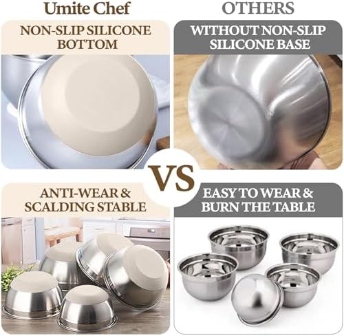 Umite Chef Mixing Bowls with Airtight Lids Set, 8PCS Stainless Steel Nesting Bowls with Grater Attachments, Non-Slip Bottoms, 5, 4, 3.5, 2, 1.5QT for Mixing & Serving - Image 4