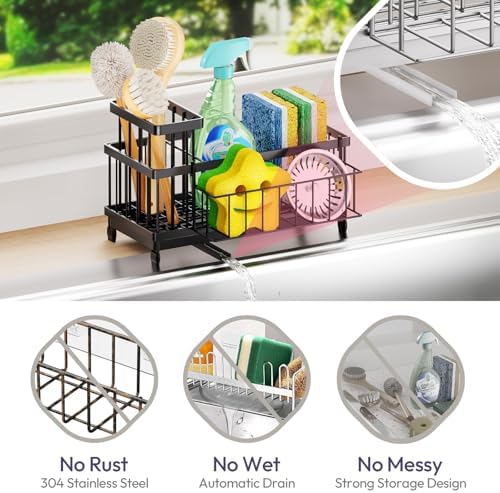 SWTYMIKI Sink Caddy Sponge Holder - Large Sponge Holder for Kitchen Sink with 360°Auto-Drain Tray, Rustproof Stainless Steel Kitchen Organizer Caddy for Countertop Organization - Image 3