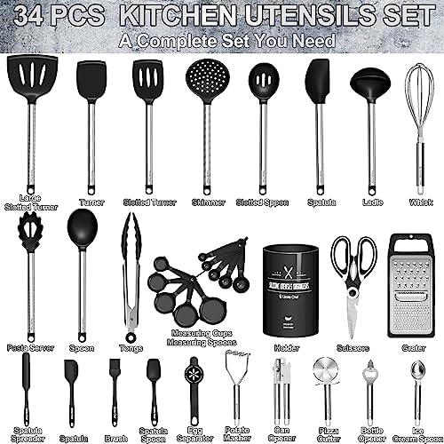 Umite Chef Thickened Kitchen Utensils Set- Silicone Cooking Utensils Set for Nonstick Cookware-Silicone Spatulas Set, Heavy Duty Stainless Steel Handle-Black Kitchen Gadgets Tools Set - Image 3