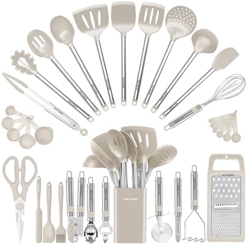 Kitchen Utensil Set-Silicone Cooking Utensils-33 Kitchen Gadgets & Spoons for Nonstick Cookware-Silicone and Stainless Steel Spatula Set-Best Kitchen Tools, Useful Pots (Khaki) by BESTZMWK