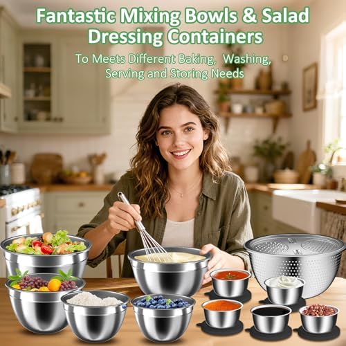 Mixing Bowls with Lids Set, 27Pcs Stainless Steel Nesting Mixing Bowls Set for Kitchen Cooking & Storage, Metal Salad Bowls with Colander, Strainer, Grater & Dressing Containers, Kitchen Gadgets Black - Image 4
