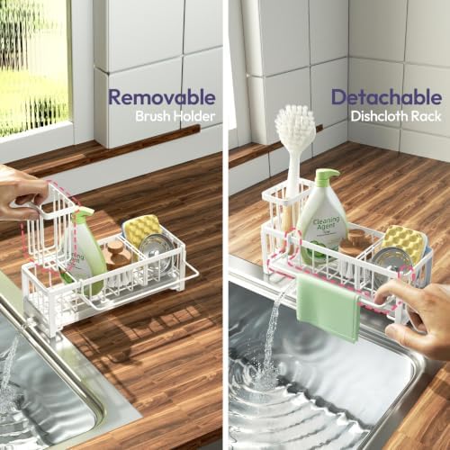 SWTYMIKI Sponge Holder for Kitchen Sink - Sink Caddy with Brush Holder Self-draining Sponge Caddy Organizer with Divider Stainless Steel Kitchen Accessories Storage for Countertop, White - Image 3