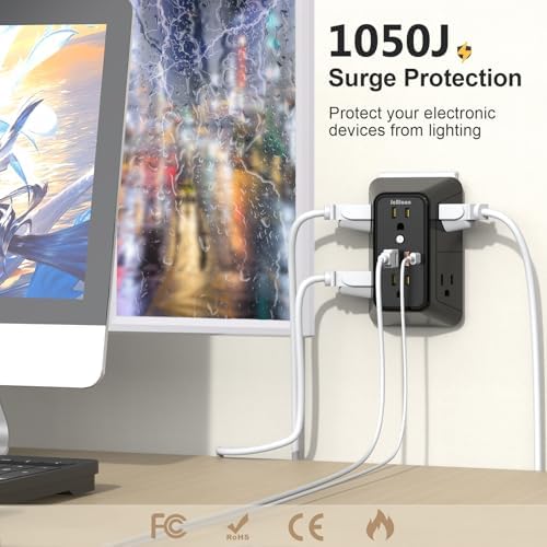 2 Pack Multi Plug Wall Outlet Extender Surge Protector 6 AC Outlet Splitter with 4 USB Ports(2 USB C) Wall Charger 1050J Power Strip 125V/15A, 1875W for Home, Office, Travel Dorm Room Essentials-ETL - Image 3