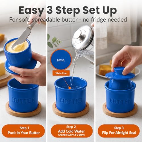 Priority Chef Butter Crock with Lid for Countertop with Spreader Knife and Water Line, Soft Spreadable Butter, Ceramic French Butter Dish with Lid, Lapis Blue - Image 3