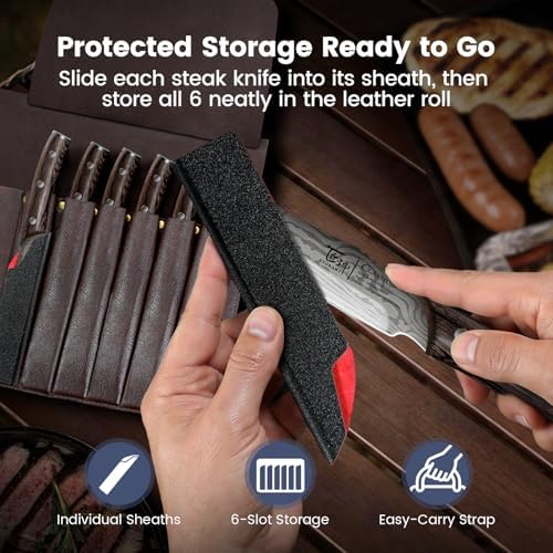 SYOKAMI Steak Knives Set of 6, Portable Leather Roll & Individual Sheaths - Image 3