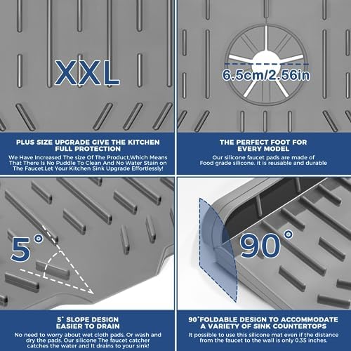 24" Splash Guard Plus Size Silicone Sink Faucet Drying Mat Handle Drip Catcher Tray Dish Sponge Holder Kitchen Accessories Protector Home Organization Gadgets Organizer - Image 6