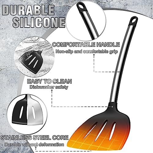 Umite Chef Thickened Kitchen Utensils Set- Silicone Cooking Utensils Set for Nonstick Cookware-Silicone Spatulas Set, Heavy Duty Stainless Steel Handle-Black Kitchen Gadgets Tools Set - Image 5