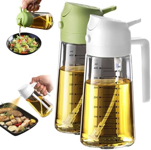 TrendPlain 16oz/470ml Glass Olive Oil Sprayer for Cooking – 2 in 1 Olive Oil Dispenser Bottle for Kitchen Gadgets and Air Fryer Accessories, Salad, BBQ - White & Green by TrendPlain