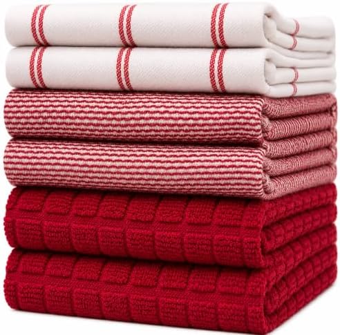 Premium Kitchen Towels 6 Pack 100% Cotton, 20"x28" Dish Towels - Red Check by BumbleTowels