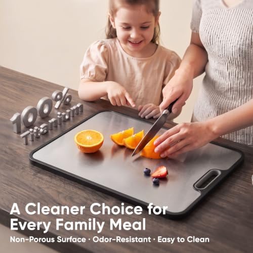 Titanium Cutting Board for Kitchen, Dual-Sided Pure Titanium Surface & Food-Safe PP Chopping Board, Non-Porous, Odor Resistant, Juice Groove, Grinder, Anti-Slip Edges, Easy Clean, 16 x 11 Inch - Image 3