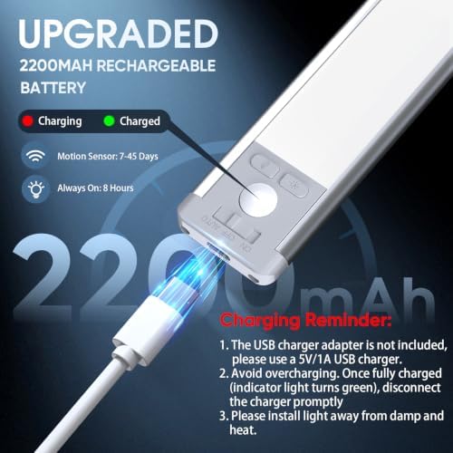 14.7inch Under Cabinet Lighting with 3 Color Temps, 2 Pack Rechargeable Motion Sensor Light Indoor, 5 Levels Dimmable Magnetic Closet Lights, Wireless Under Counter Lights for Kitchen, Stairs - Image 6