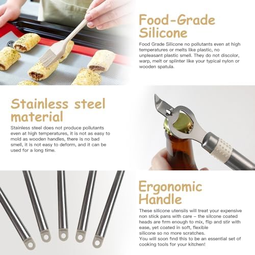 Kitchen Utensil Set-Silicone Cooking Utensils-33 Kitchen Gadgets & Spoons for Nonstick Cookware-Silicone and Stainless Steel Spatula Set-Best Kitchen Tools, Useful Pots (Khaki) - Image 5