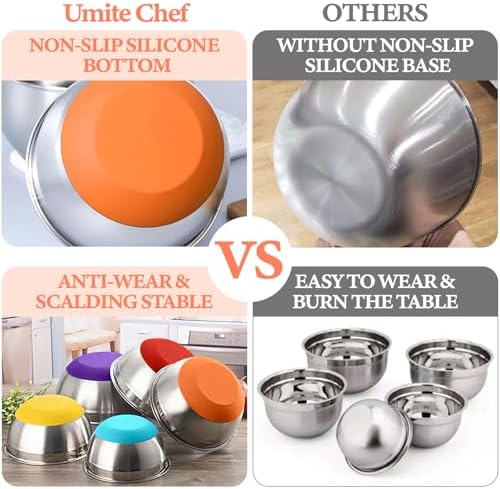 Umite Chef Mixing Bowls with Airtight Lids Set, 8PCS Stainless Steel Nesting Bowls Set, 3 Grater Attachments & Non-Slip Bottoms, Size 5, 4, 3.5, 2, 1.5QT for Baking & Mixing(Colorful) - Image 6