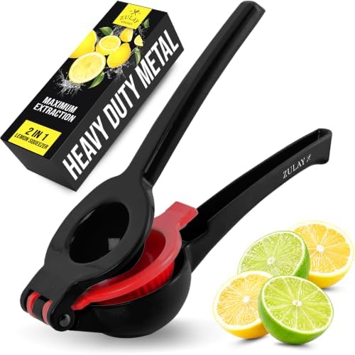 Zulay Kitchen Metal 2-in-1 Lemon Squeezer - Sturdy Max Extraction Hand Juicer Lemon Squeezer Gets Every Last Drop - Easy to Clean Manual Citrus Juicer - Easy-Use Lemon Juicer Squeezer - Black/Red by ZulayKitchen