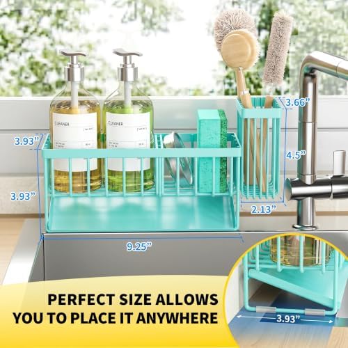 Cisily Kitchen Sink Caddy Organzier with High Brush Holder, Sponge Holder for Sink, 304 Rustproof Stainless, Kitchen Countertop Soap Dispenser Organizer (Turquoise, 9.25″) - Image 2