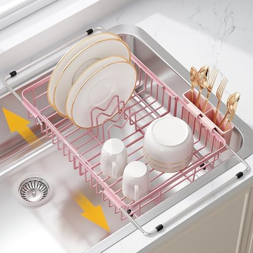 JASIWAY Pink Dish Drying Rack Over the Sink with Utensil Holder by JASIWAY