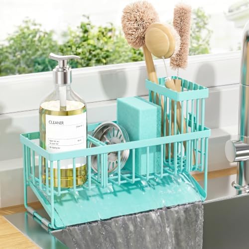 Cisily Kitchen Sink Caddy Organzier with High Brush Holder, Sponge Holder for Sink, 304 Rustproof Stainless, Kitchen Countertop Soap Dispenser Organizer (Turquoise, 9.25″) by CISILYHOMELIFE