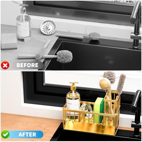 Cisily Gold Kitchen Sink Caddy Organzier with High Brush Holder, Sponge Holder for Sink, 304 Rustproof Stainless, Kitchen Countertop Soap Dispenser Organizer, Home Decor and Accessories - Image 6