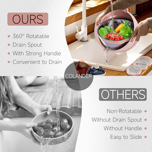 4-1 Colander with Bowl & Spoons Set - Food Strainer with New Upgraded Graters & Spoons - Colanders for kitchen(Patented) - Strainer for Fruit Pasta Veggie, Funny Presents for Women, Pink - Image 4