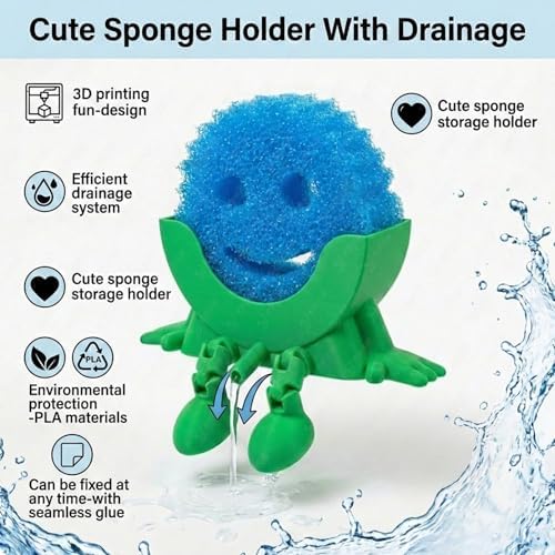 Creative Drainage Sponge Holder: Traceless Glue, 3D Printed Funny Kitchen Sink Holder, Keeps Sponge Dry – for Scrub Daddy (1, Green) - Image 2