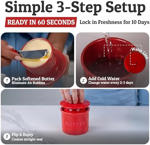 Priority Chef Butter Crock with Lid for Countertop with Spreader Knife and Water Line, Soft Spreadable Butter, Ceramic French Butter Dish with Lid, Red - Image 3