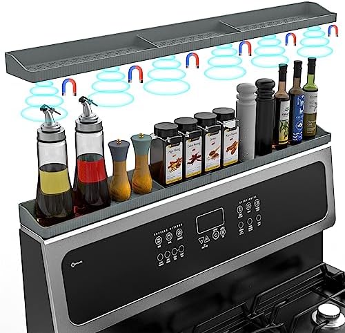 Magnetic Stove Shelf for Back of Stove, 30 Inch Silicone Stove Top Spice Rack for Kitchen Organization, Heat Resistant Over the Stove Shelf with 6 Powerful Magnets, Fits Flat & Curved Stoves- Grey by Foeacry