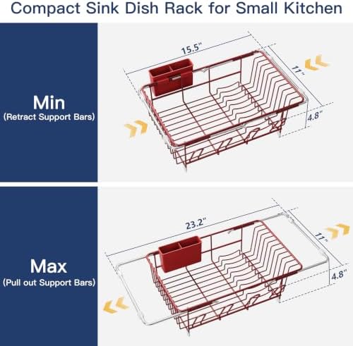 JASIWAY Red Dish Drying Rack in Sink, Dish Drainer with Utensil Holder - Image 4