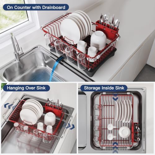 JASIWAY Red Dish Drying Rack in Sink with Drainboard and Utensil Holder - Image 2