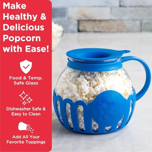 Ecolution Patented Micro-Pop Microwave Popcorn Popper with Temperature Safe Glass, 3-in-1 Lid Measures Kernels and Melts Butter, Made Without BPA, Dishwasher Safe, 3-Quart, Blue - Image 2