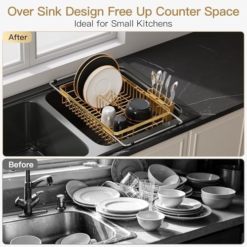 JASIWAY Gold Dish Drying Rack Over the Sink with Utensil Holder - Image 2