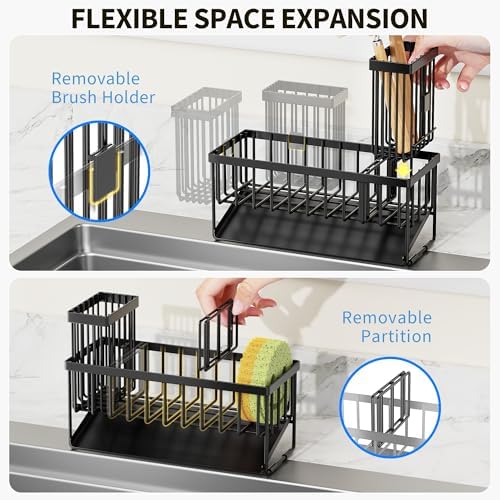 Cisily Sink Caddy Sponge Holder for Kitchen with Brush Holder and Stainless Steel Self Drain Tray, Rustproof Kitchen Sink Organizer for Sponge, Soap Dispenser Storage Accessories - Image 3