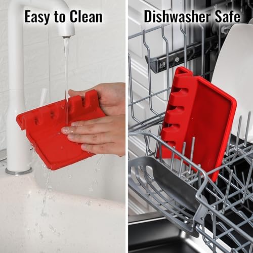 Zulay Kitchen Silicone Utensil Rest with Drip Pad for Multiple Utensils - BPA-Free, Heat-Resistant Spoon Rest & Spoon Holder for Stove Top - Kitchen Utensil Holder for Ladles & Tongs - Red - Image 6