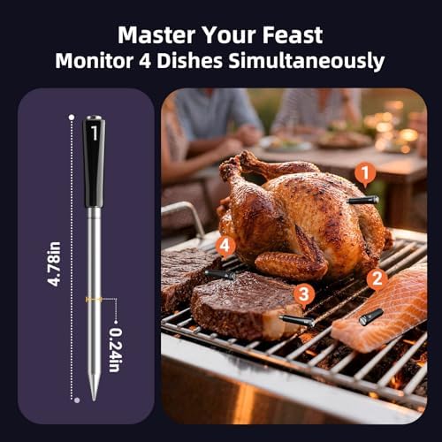 Wireless Meat Thermometer Digital with 4 Probes & IP67 Waterproof，2 Sensors in 1 Probe, WiFi Unlimited Range Real Time Monitoring Smart Meat Thermometer for Cooking, BBQ, Grill, Oven, Smoker - Image 3