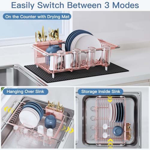 JASIWAY Pink Dish Drying Rack in Sink with Mat, Cups and Utensil Holder - Image 2