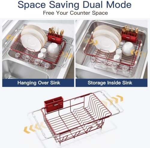JASIWAY Red Dish Drying Rack in Sink, Dish Drainer with Utensil Holder - Image 2
