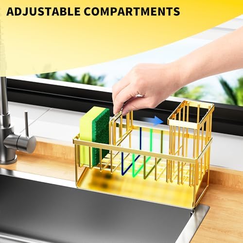Cisily Gold Kitchen Sink Caddy Organzier with High Brush Holder, Sponge Holder for Sink, 304 Rustproof Stainless, Kitchen Countertop Soap Dispenser Organizer, Home Decor and Accessories - Image 5