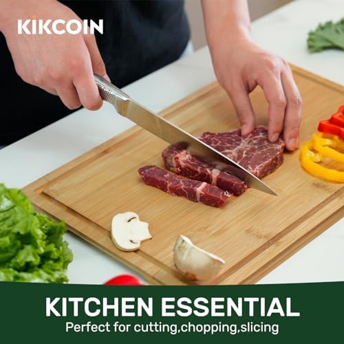 Kikcoin 20”×14” Bamboo Cutting Boards for Kitchen, Wooden Healthy Cutting Boards for Charcuterie, Vegetables, Cheese, Bread, Extra Large Chopping Boards with Deep Juice Groove and Handle, Natural - Image 2