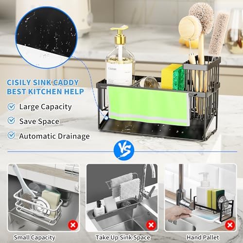 Cisily Kitchen Sink Caddy Organizer with High Brush Holder, Sponge Holder for Sink, 304 Rustproof Stainless Steel, Countertop Soap Dispenser Organizer, Black with Towel Rack, 9.25 - Image 6