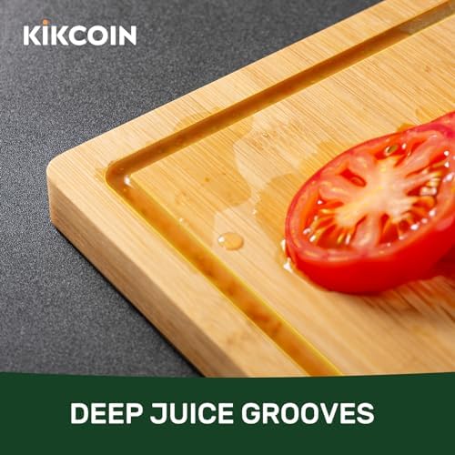 Kikcoin 17"×11" Bamboo Cutting Boards for Kitchen, Knife-Friendly Food Grade Wooden Cutting Boards for Kitchen, Charcuterie, Extra Large Chopping Boards with Deep Juice Groove, Reversible, Natural - Image 4