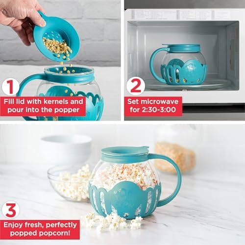 Ecolution Patented Micro-Pop Microwave Popcorn Popper with Temperature Safe Glass, 3-in-1 Lid Measures Kernels and Melts Butter, Made Without BPA, Dishwasher Safe, 1.5-Quart, Teal - Image 3