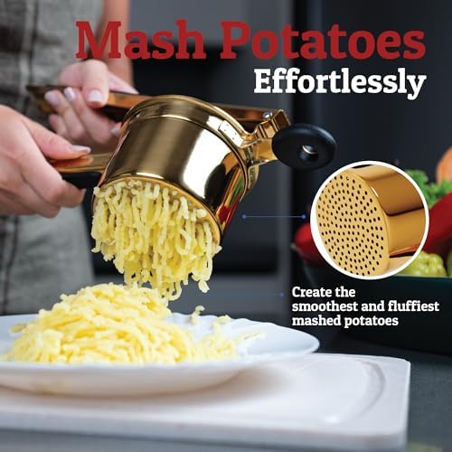PriorityChef Large 15oz Potato Ricer With 3 Discs, Heavy Duty Stainless Steel Potato Ricer for Mashed Potatoes, Potato Masher, Press and Ricer Kitchen Tool, Gold Steel Black Silicone - Image 2