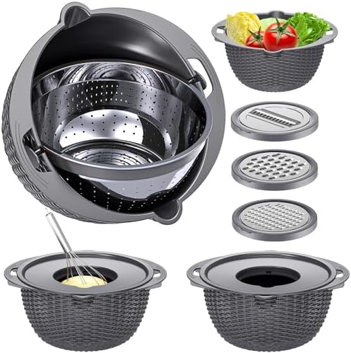 4-1 Colander with Lid Set - Rotatable Strainer With Bowl(Patented), Pasta Strainer with New Upgraded Graters, Strainer And Colanders, Fruit Cleaner, Veggie Wash, Apartment Kitchen Gadgets - Grey by Balavina