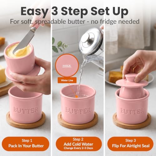 Priority Chef Butter Crock with Lid for Countertop with Spreader Knife and Water Line, Soft Spreadable Butter, Ceramic French Butter Dish with Lid, Pink - Image 3