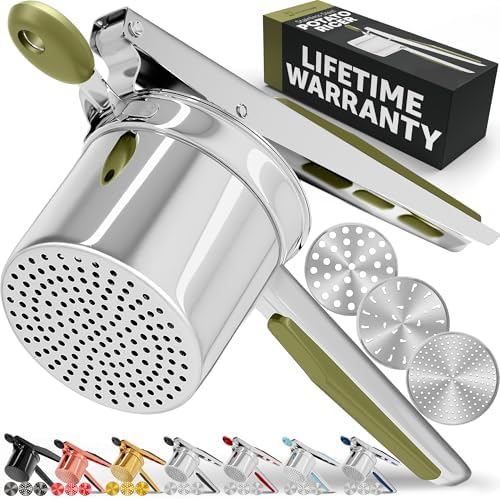 PriorityChef Large 15oz Potato Ricer With 3 Discs, Heavy Duty Stainless Steel Potato Ricer for Mashed Potatoes, Potato Masher, Press and Ricer Kitchen Tool, Olive Green by PriorityChef