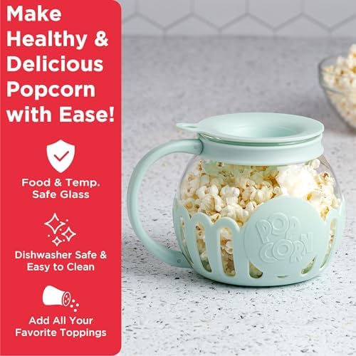 Ecolution Patented Micro-Pop Microwave Popcorn Popper with Temperature Safe Glass, 3-in-1 Lid Measures Kernels and Melts Butter, Made Without BPA, Dishwasher Safe, 1.5-Quart, Aqua - Image 2