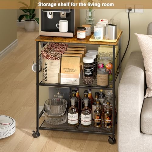 ThreeHio Rolling Kitchen Microwave Cart with Power Outlet, 3 Tier Microwave Table Stand with Storage, Kitchen Utility Cart on Wheels, Small Coffee Cart Shelf Rack Organizer for Living Room Office - Image 4